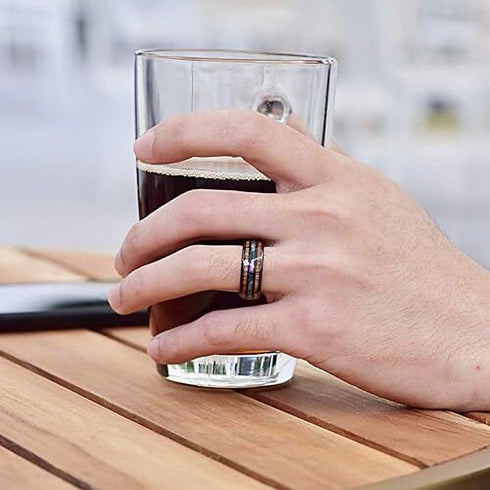 Men's 8mm Tungsten With Hawaiian Koa Wood & Abalone Shell Tri-Inlay Wedding Band